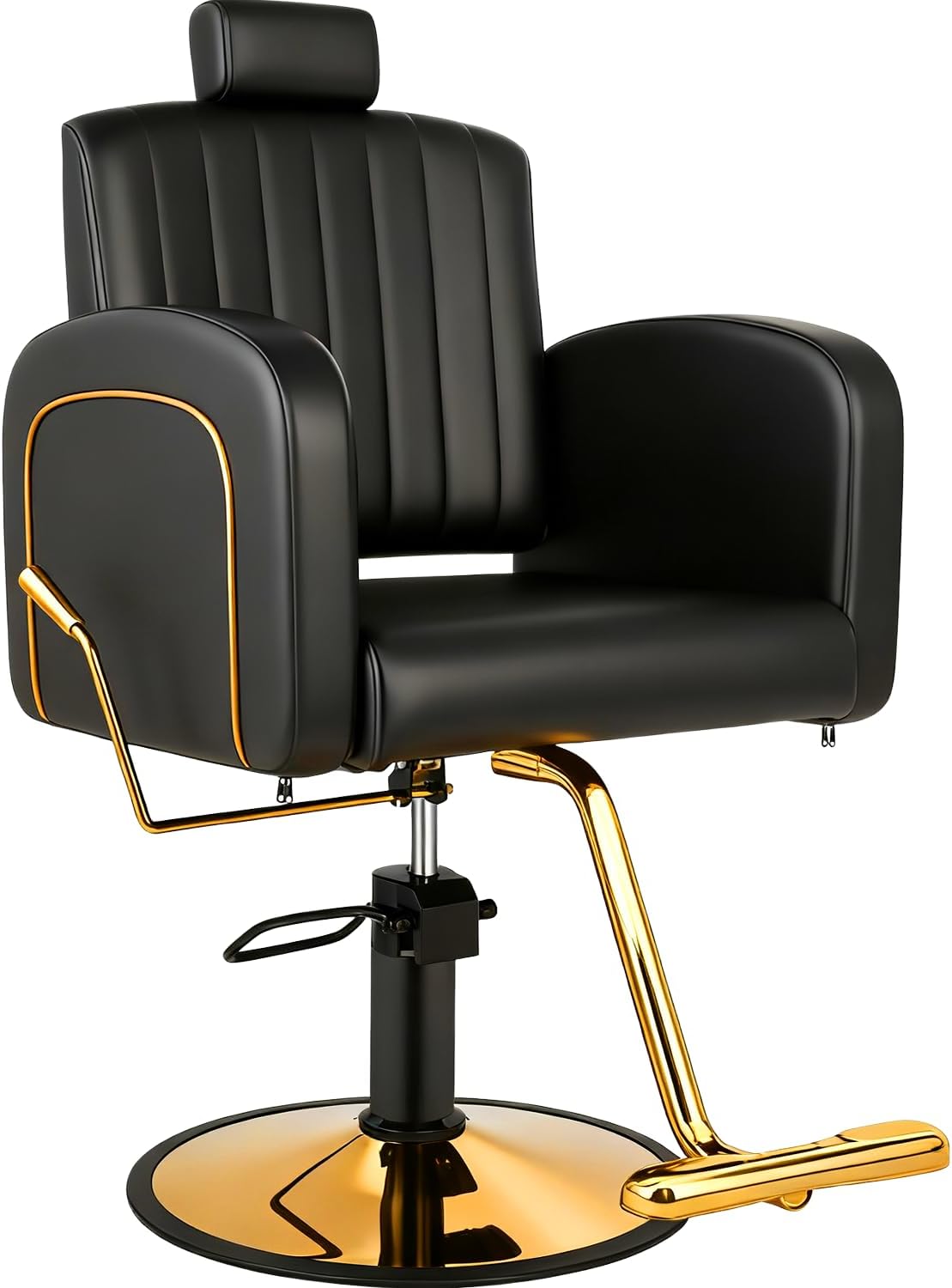 Professional Barber Salon Chair - Heavy Duty Hydraulic Design, 135° Recline, 360° Swivel | Black and Gold PU Leather
