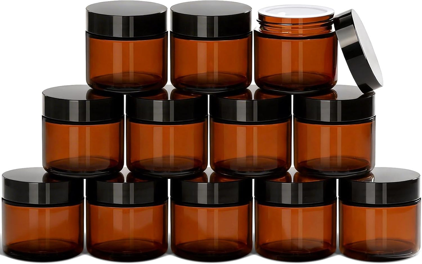 Airtight Amber Glass Jars - 2 Oz Small Cosmetic Containers | 12 Pack for Lotions, Creams, Candles