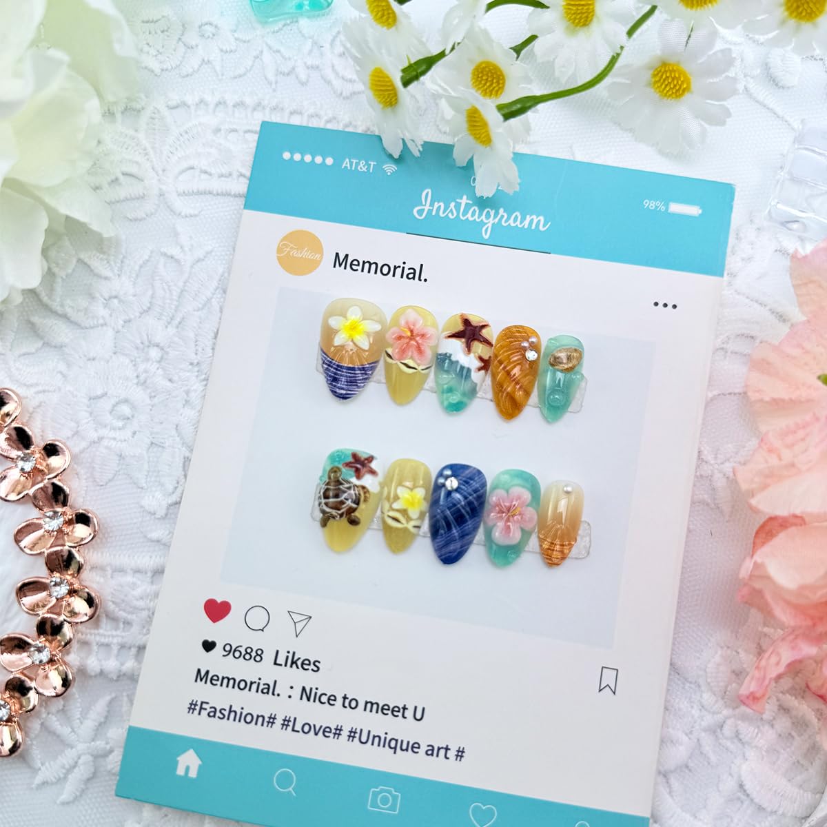 Floral Press-On Nails - 24Pcs Short Almond Acrylic with 3D Ocean Seashell & Turtle Design | Blue Sea Full Cover for Women