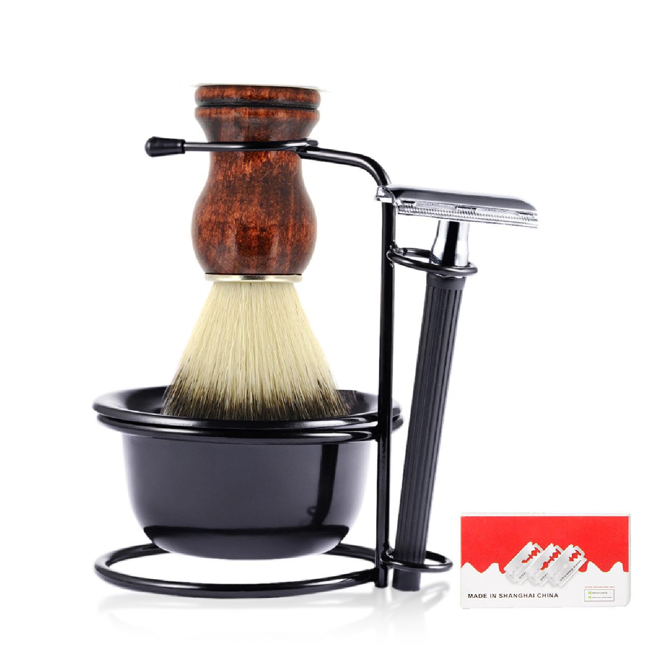 Danweix Men's Safety Shaving Razor Brush Set, Shaving Kit Includes Manual Razor + Stand Holder + Shaving Brush+ Shaving Bowl+10pcs Refill Blades, Gift Set
