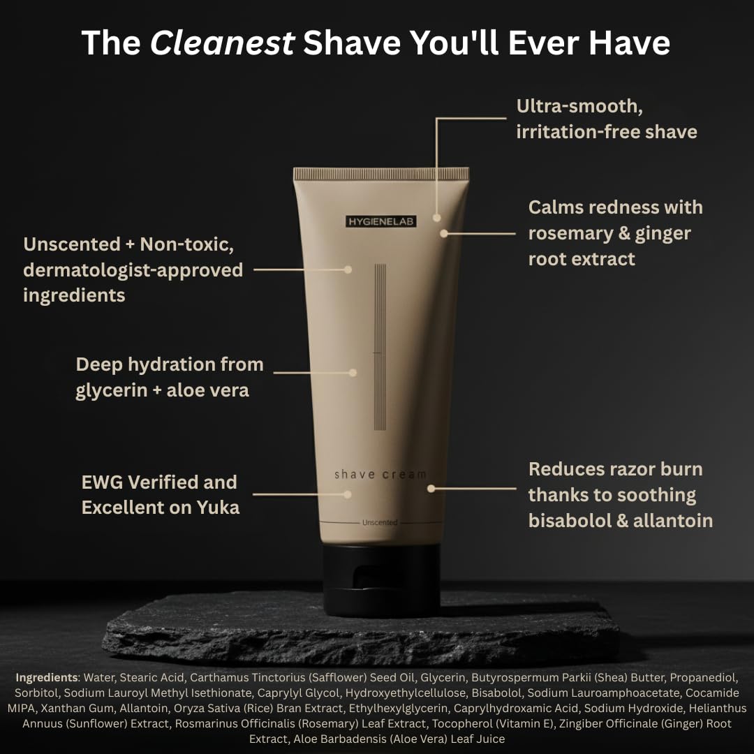 HygieneLab Shaving Cream - Fragrance-Free, Non-Toxic Formula with Aloe Vera & Shea Butter | 6.76 oz for Sensitive Skin