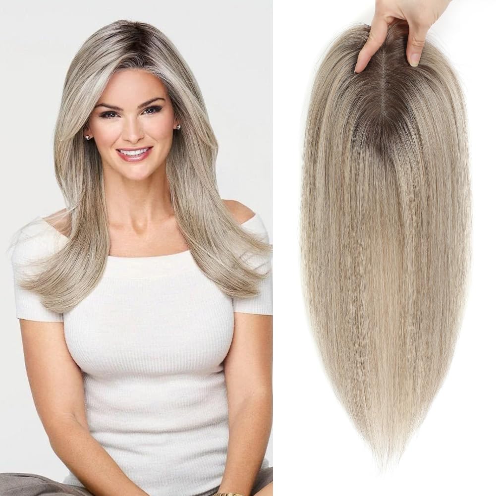 Human Hair Toppers for Women - Medium Brown with Warm Blonde Highlights | 10cm x 12cm