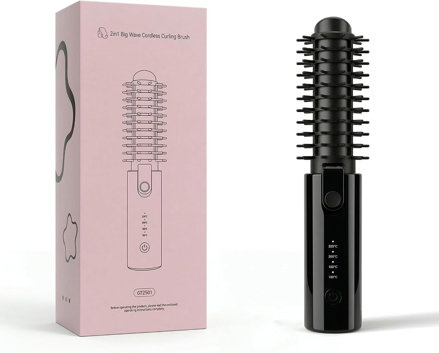 Cordless Curling Iron Brush - 7000mAh 2-in-1 Ionic Heated Round Brush | Portable Hair Volumizer for Root Lifting & Bangs - 4 Temp Levels Up to 430°F - Travel-Friendly (Black)