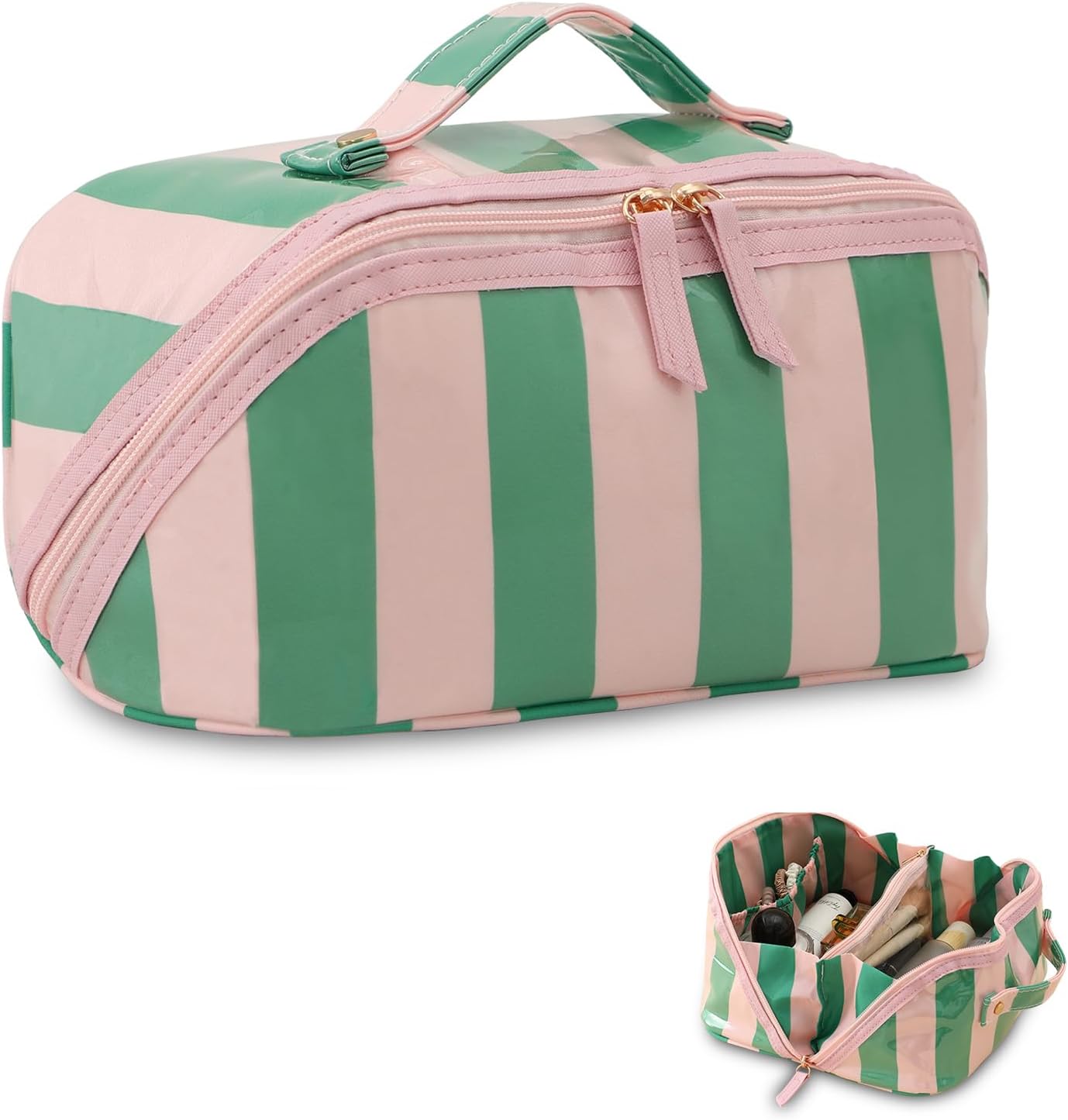 Stripe Travel Makeup Bag - Waterproof Cosmetic Organizer with Compartments | Pink-Orange
