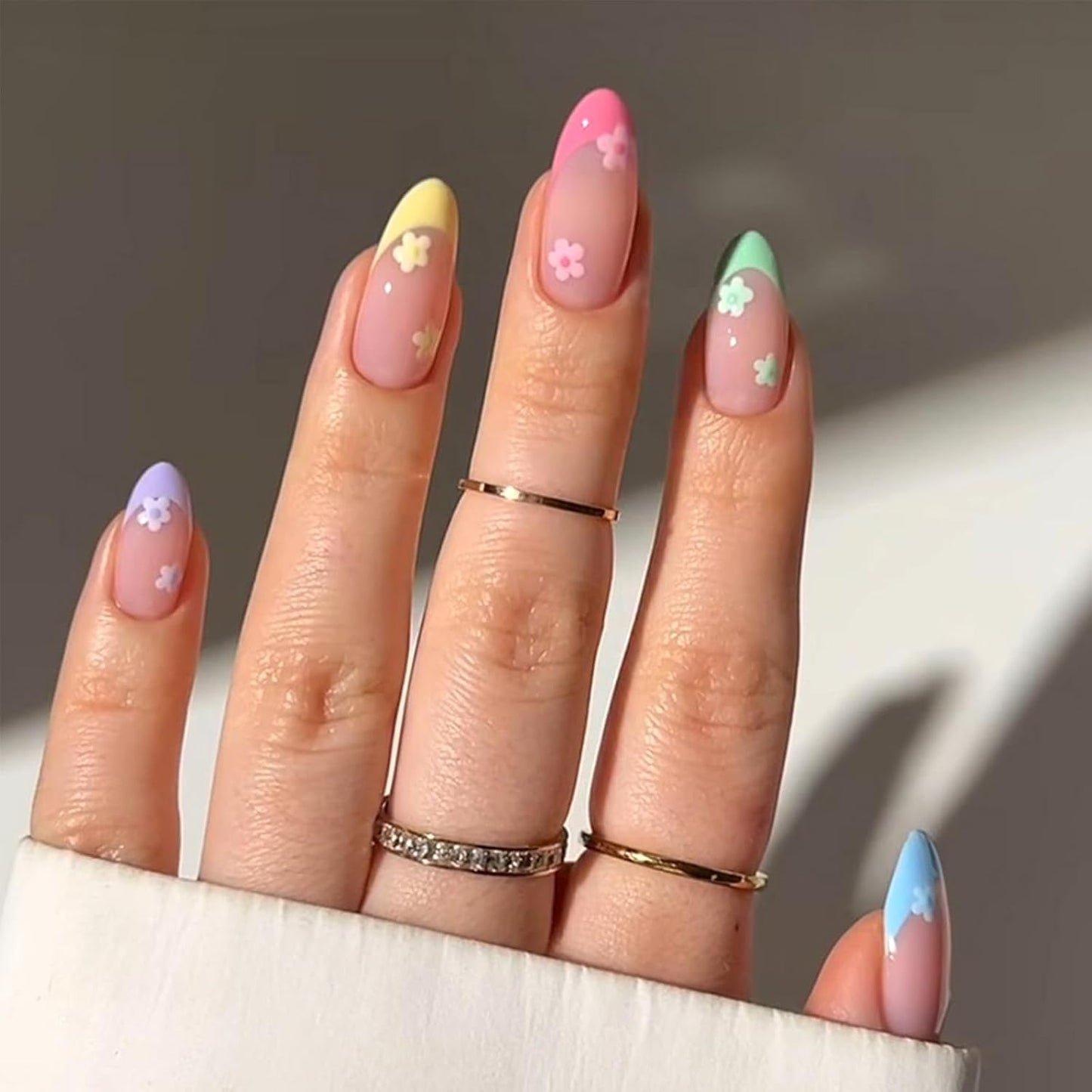 Colorful Gradient Press-On Nails - Medium Almond Summer Sunset | Reusable Glossy Full Cover 24 Pcs with Adhesive Stickers