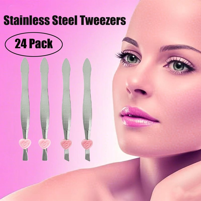 Pack of 24 oblique eyebrow tweezers and flat stainless steel tweezers Precision clipper for eyebrow shaping and facial hair removal
