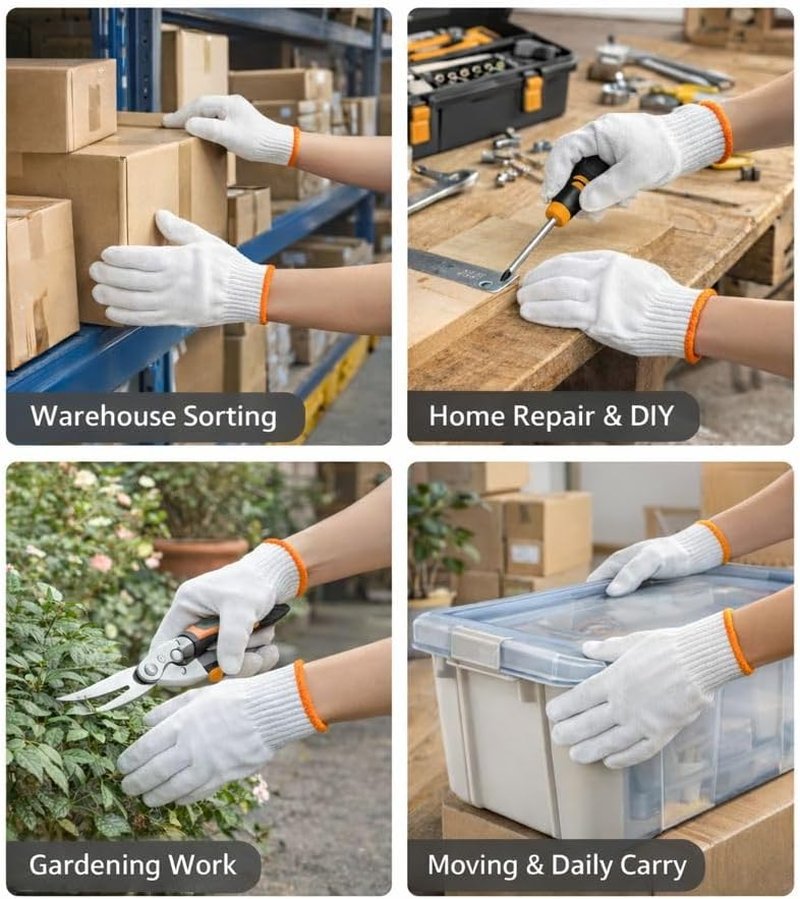 White Cotton Work Gloves - 12 Pairs Reusable Knit Gloves for Men & Women | Soft, Breathable, Washable with Orange Cuff
