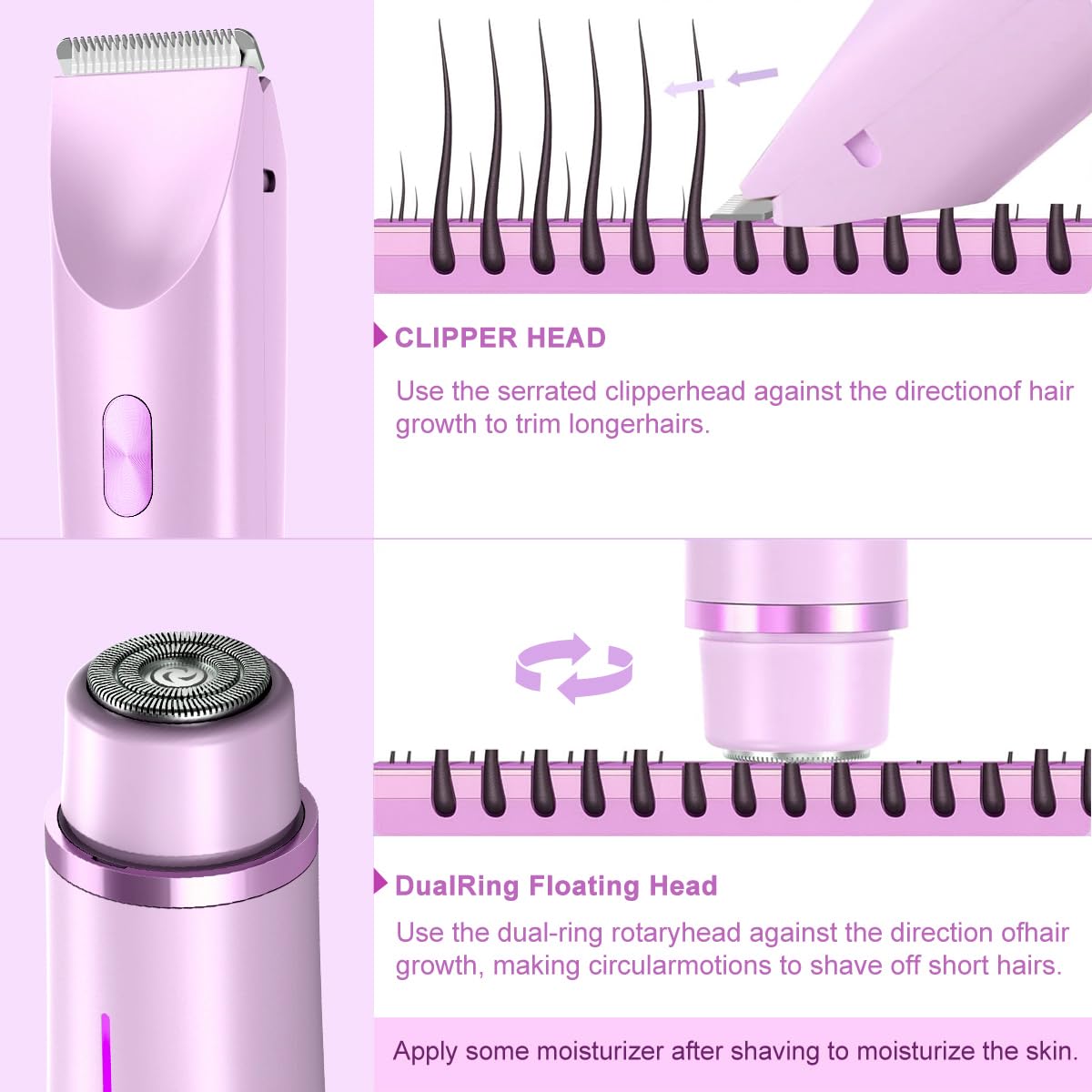 ANFOOS Women's Electric Shaver Bikini Trimmer for Women Razors 2-in-1 Dual Head Design IPX7 Waterproof Wet & Dry Use Body Groomer Hair Trimmer Remover for Facial Underarm Arm Face Leg Bikini (Purple)