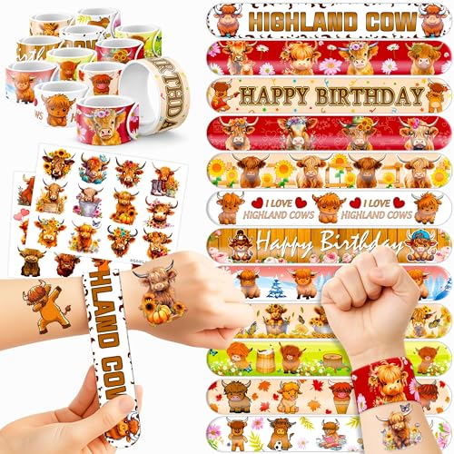 72PCS Highland Cow Party Favors with Tattoos & Slap Bracelets for Kids