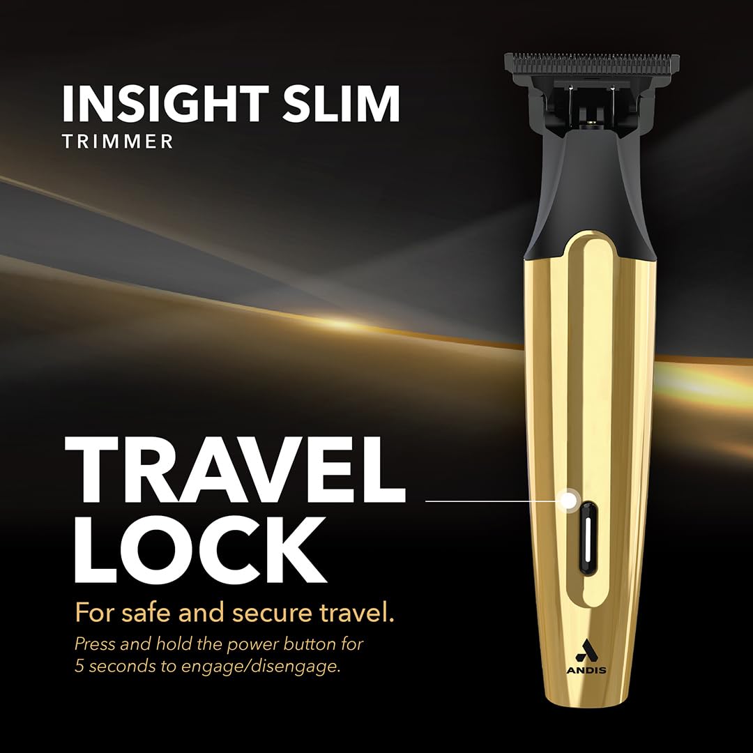 Andis 562442 Insight Slim Cordless High Powered Rotary Motor Hair Trimmer, 9-Piece Kit, Stainless-Steel T-Blade, Lithium-Ion Battery, Travel Lock, Gold