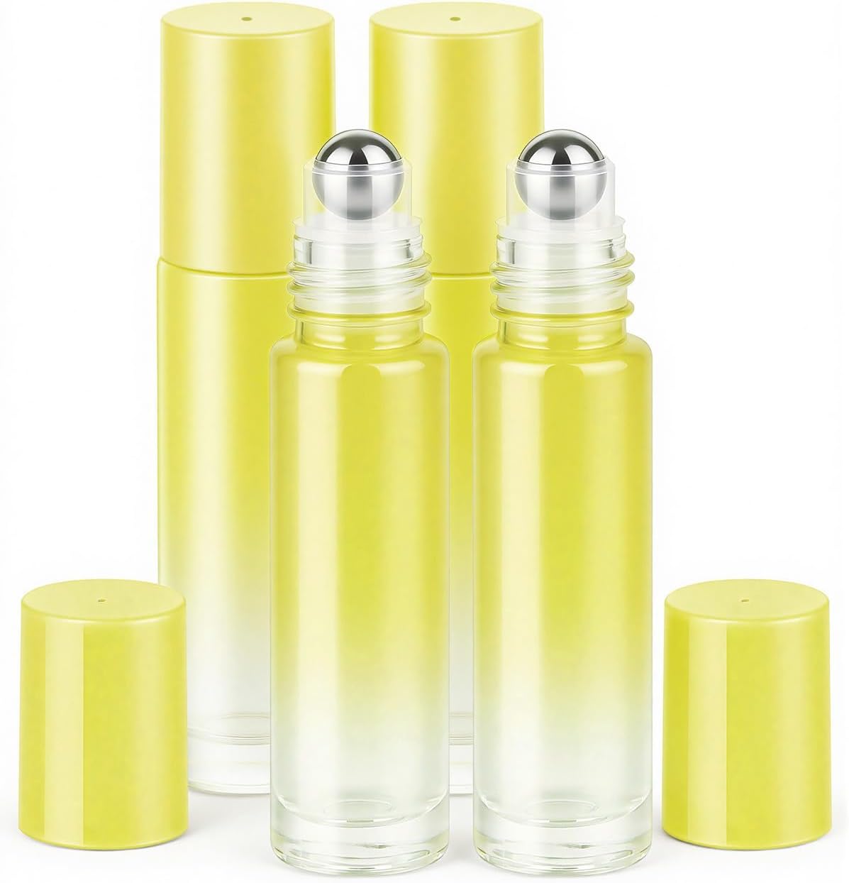 Essential Oil Roller Bottles - 4 Pack 10ml Amber Glass with Stainless Steel Caps | Travel Perfume & Lip Gloss