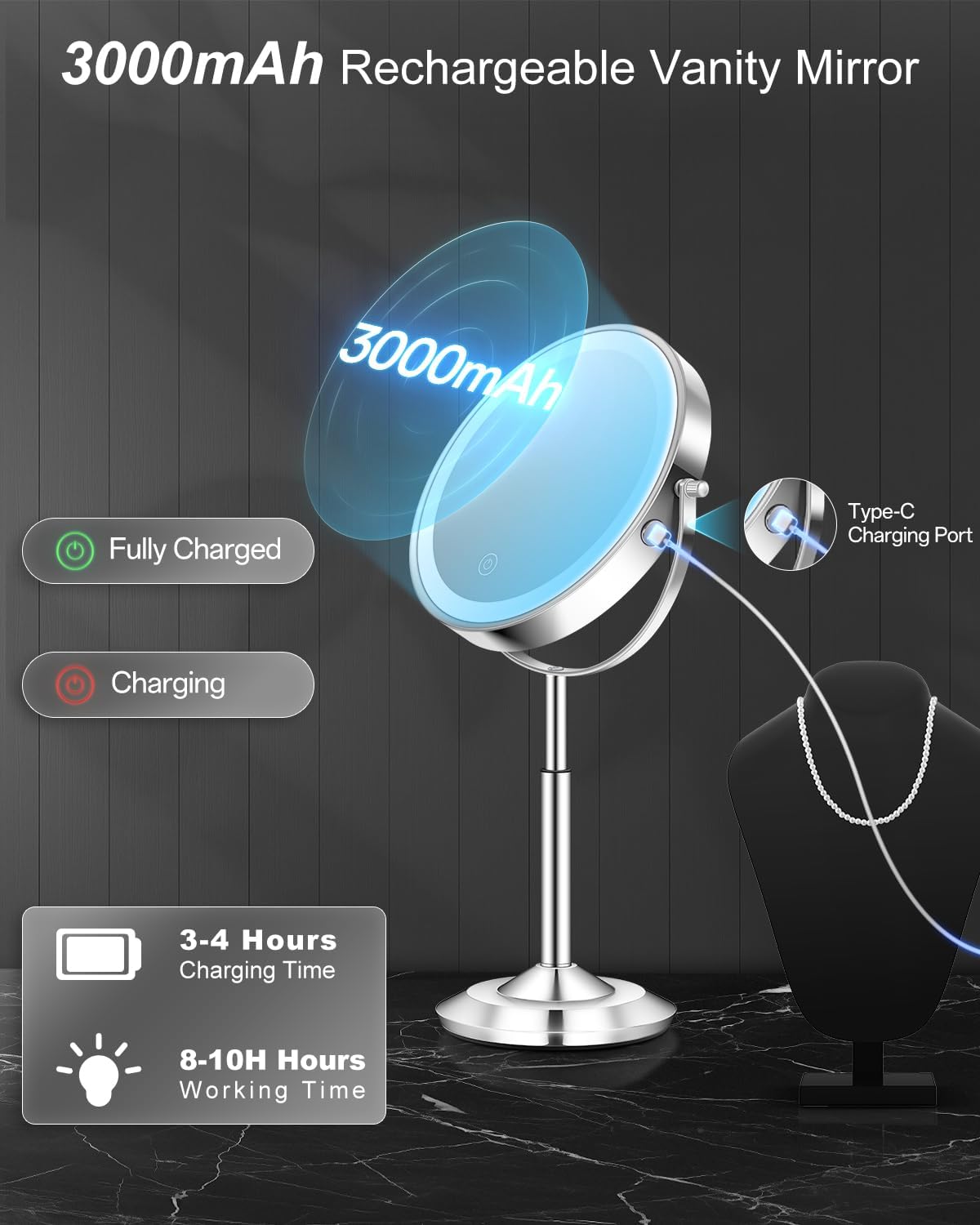 Lighted Makeup Mirror with Adjustable Height - 1X/30X Magnifying, 3000mAh Rechargeable, Dual-Sided Vanity Mirror with 3 LED Lighting Options | Perfect Gift for Women