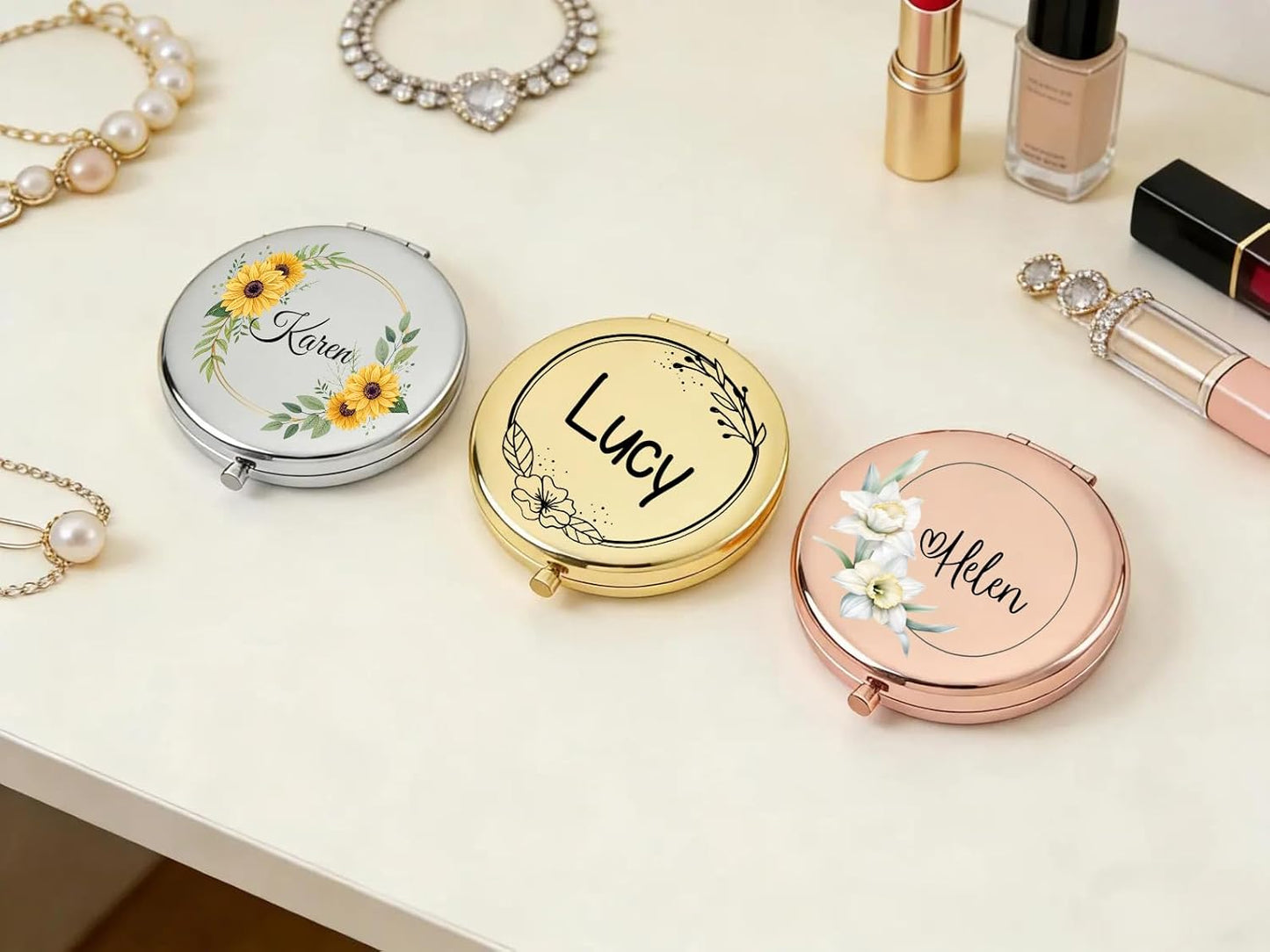 Personalized Travel Mirror - Floral Design, Double-Sided Handheld Compact | Perfect Gift for Mother's Day