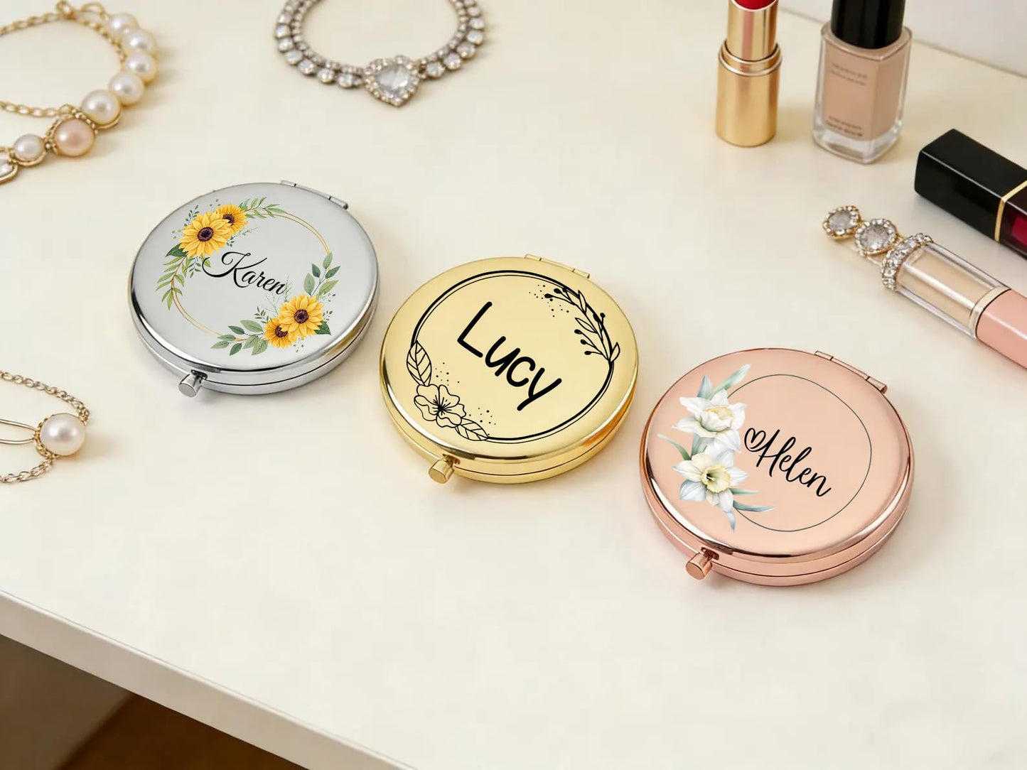 KeenlyMade Personalized Compact Travel Mirror with Floral and Name, Double-Sided Folding Handheld Mirror for Purse, Gifts for Mothers Day from Daughter/Son