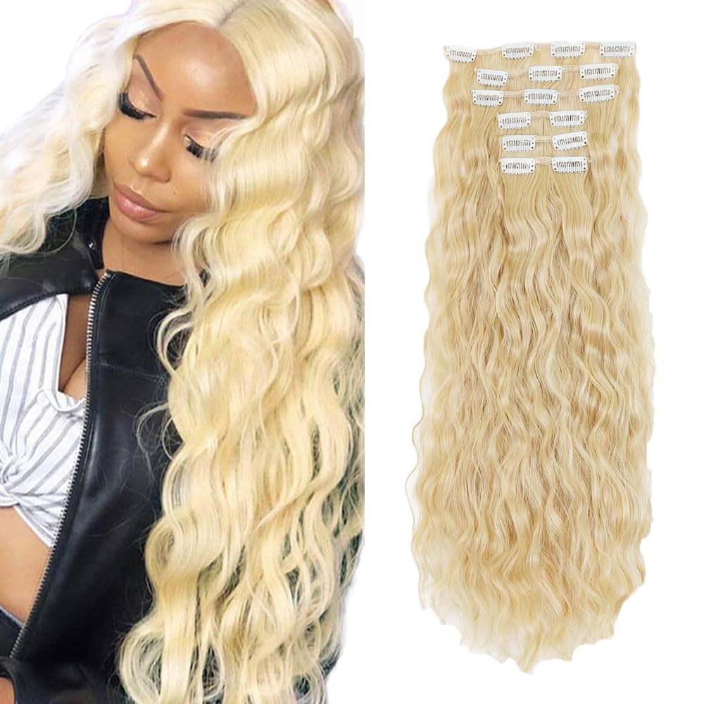 #613 Blonde Clip in Hair Extensions Real Human Hair, 14 Inch 120g/7Pcs,Full Shine Remy Human Hair,Blonde Long Wave Clip ins Brazilian Virgin Human Hair Extensions
