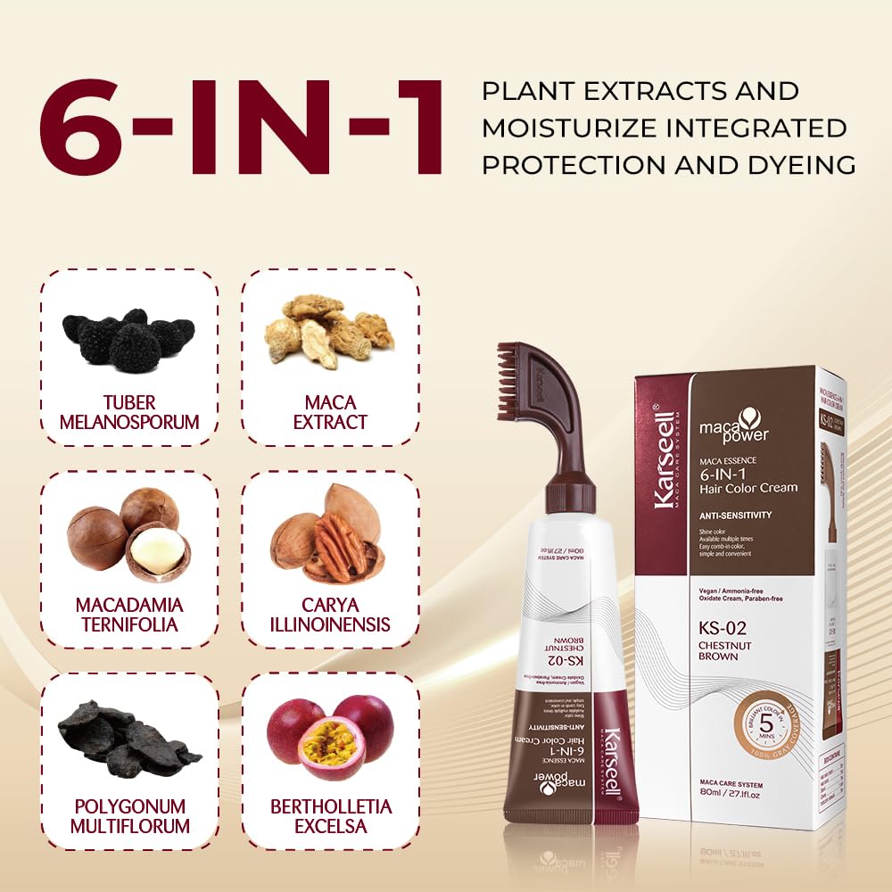 Karseell Brown Hair Dye | Ammonia-Free 6-IN-1 Formula with Comb Applicator for 100% Gray Coverage - 80ml