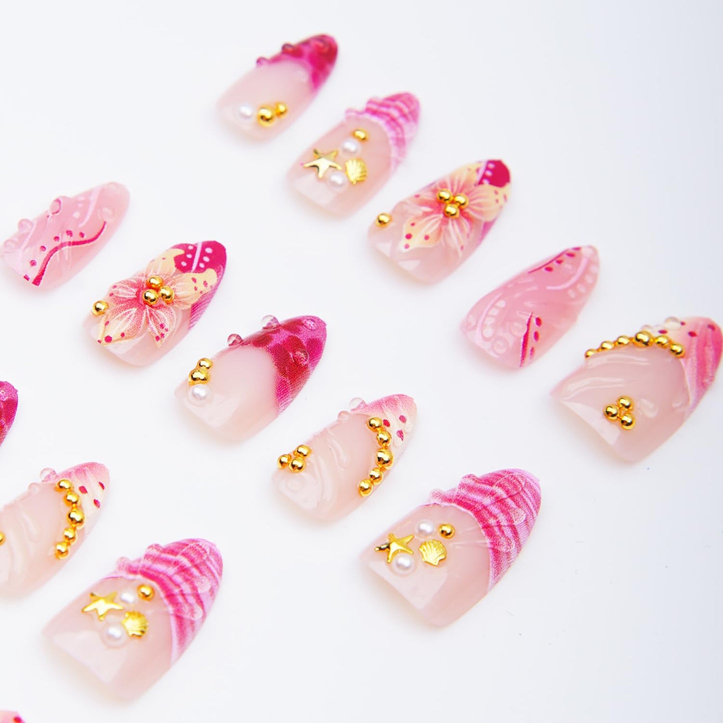 30Pcs Summer Beach Press-On Nails - Medium Almond Acrylic with Gold Seashell & Starfish 3D Designs | Full Cover for Women
