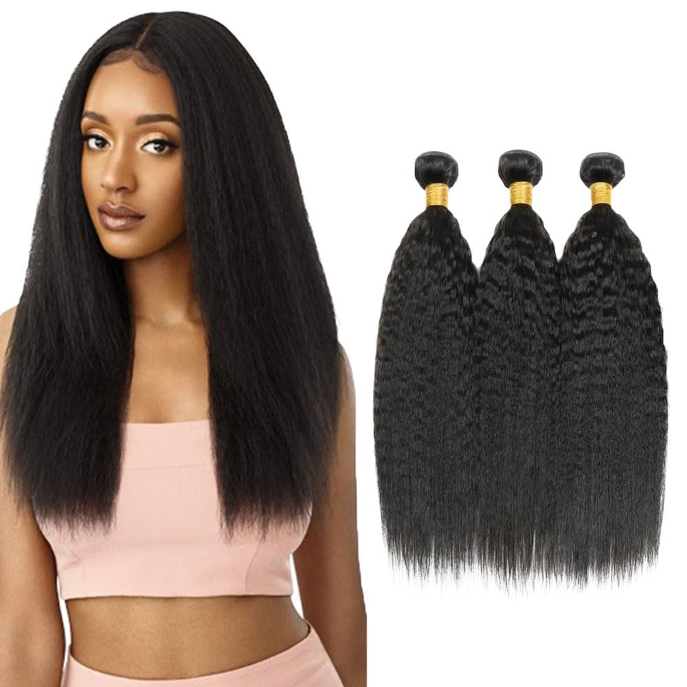 Yaki Straight Human Hair Bundles #1B Bundle Yaki Human Hair Bundles Unprocessed Virgin Natural Black Color Bundle 12 14 16 Inch 150g