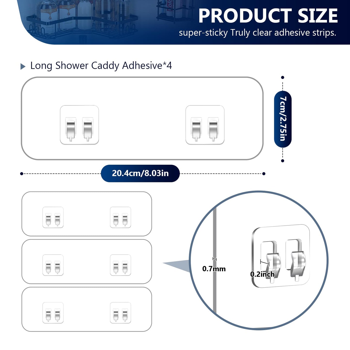 HAOBAOBEI 9-Pack Shower Caddy Adhesive Replacement, Transparent Adhesive Hooks Stickers, Strong Hook Strip for Shower Caddy Basket Shelf, Soap Holder, Bathroom Storage Corner Shelves, Kitchen Racks