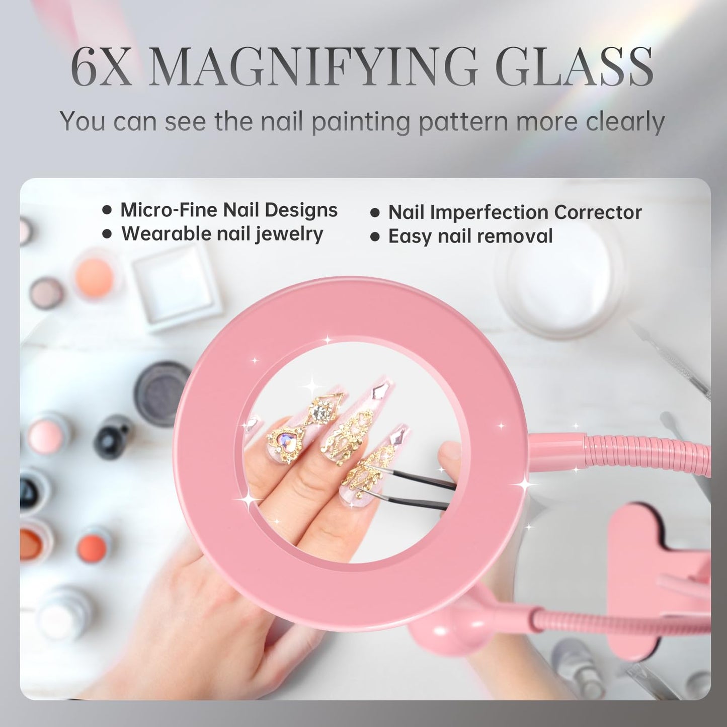krofaue UV Nail Lamp with 6X Magnifier, 4 Brightness, Dual Light Mode