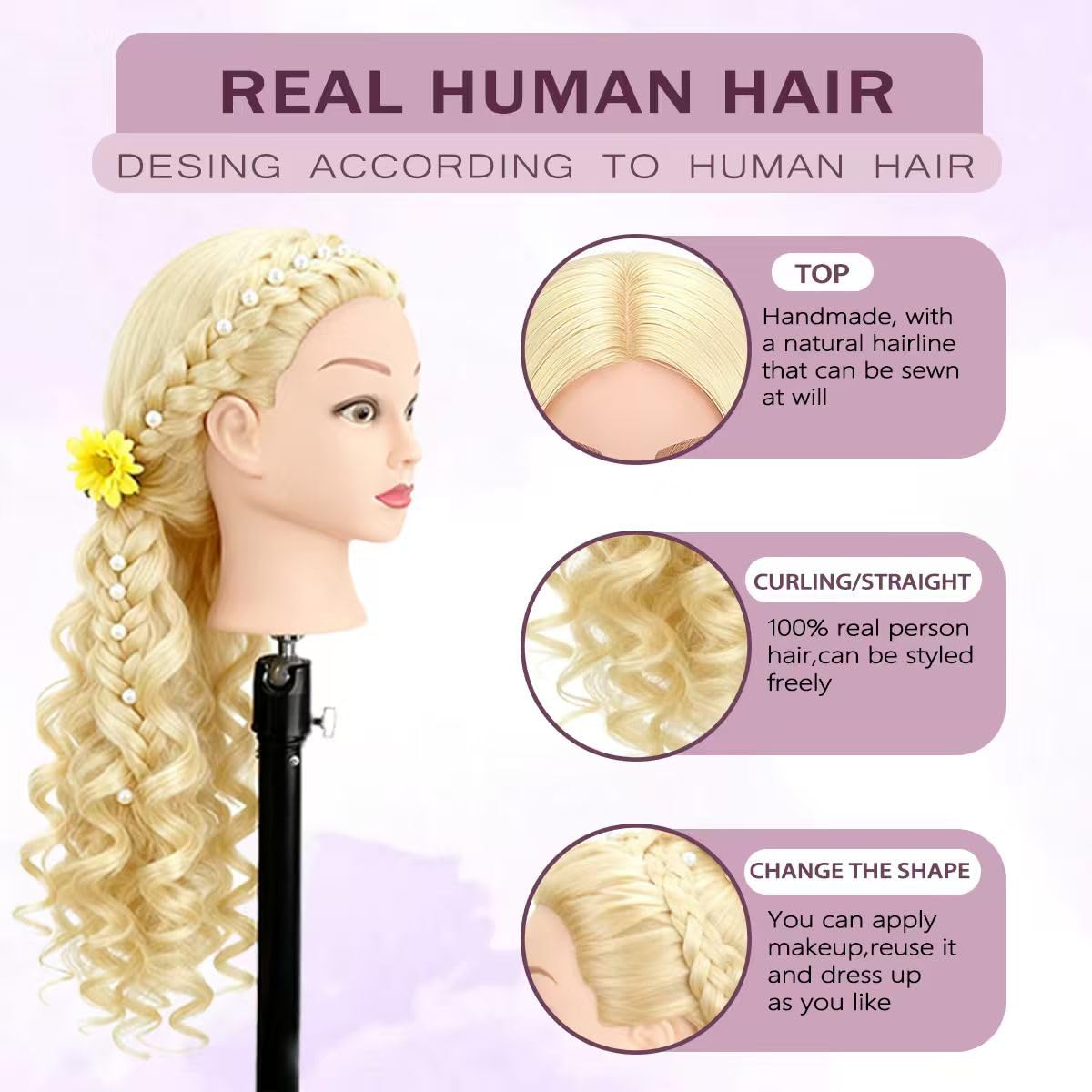 Mannequin Head with 80% Human Hair for Hair Styling Practice 26-28 Inch Straight Hair Training Head for Cosmetology Barber Hairdresser Students and Professionals (613)