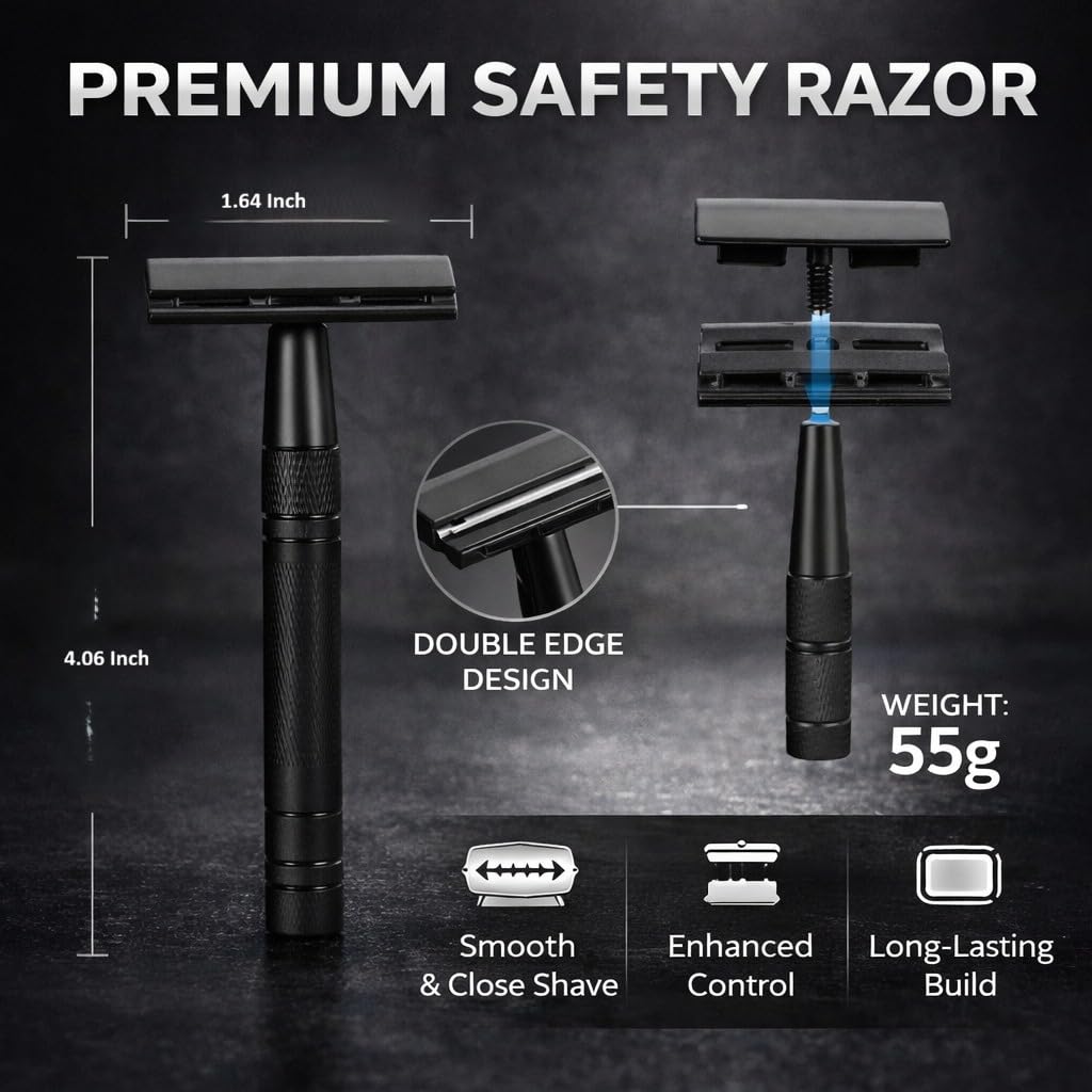 Men's Shaving & Grooming Set, Double Edge Safety Razor, Shaving Brush, Razor & Brush Stand,10 Blades, Shaving Bowl, Valentine Gift For Men, Gift for Fathers/Dads (Black).