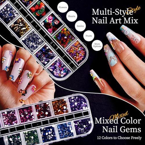JODSONE Nail Art Rhinestones Kit with 6 Boxes & 12 Stickers