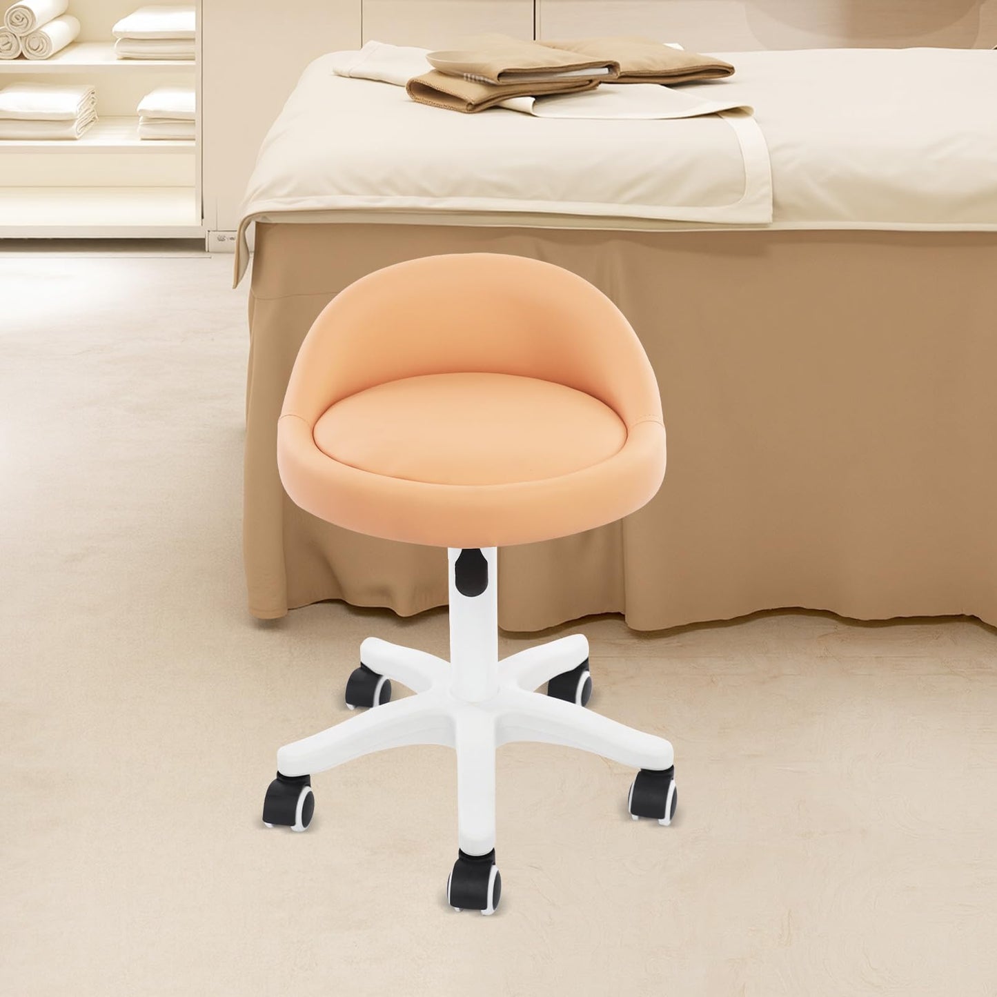 Titunjian Rolling Stool Chair with Backrest Round PU Leather Swivel Salon Stool Adjustable Height Drafting Tattoo Office Chair for Spa Salon Tattoo Massage Dental Office (Orange)