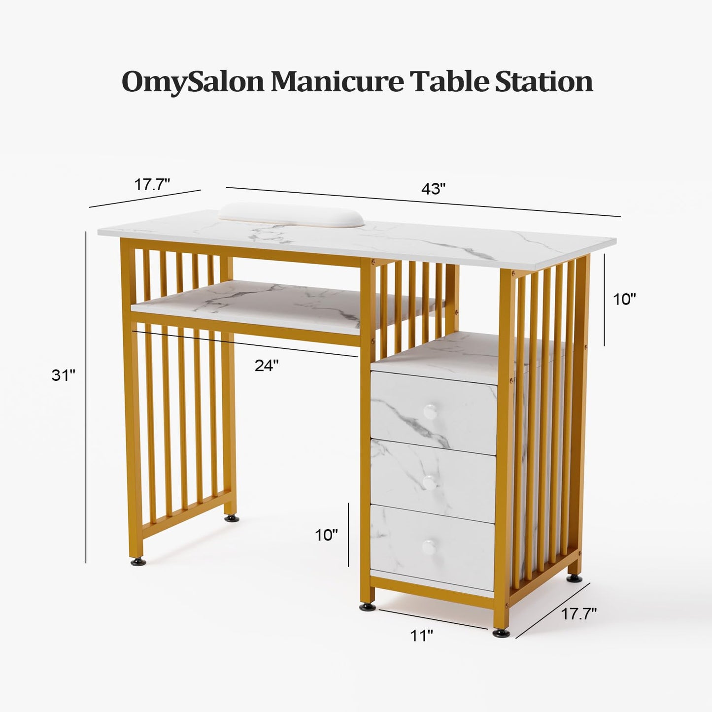 OmySalon Manicure Table w/Wooden Drawer Storage, Gold & White Marbling Nail Desk for Nail Technicians, Nail Station for Salon Spa Beauty Makeup, Acetone Resistant, 43.3'' L W/O Dust Collector