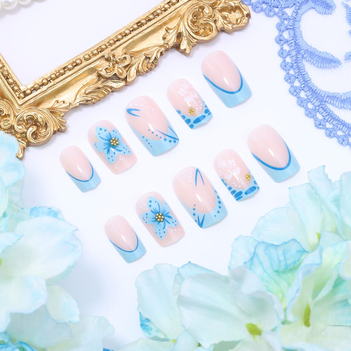 Blue Flower Press-On Nails - 24 Pcs Short Square French Tips with 3D Floral Design & Gold Rhinestones | Full Cover Artificial Nails for Women