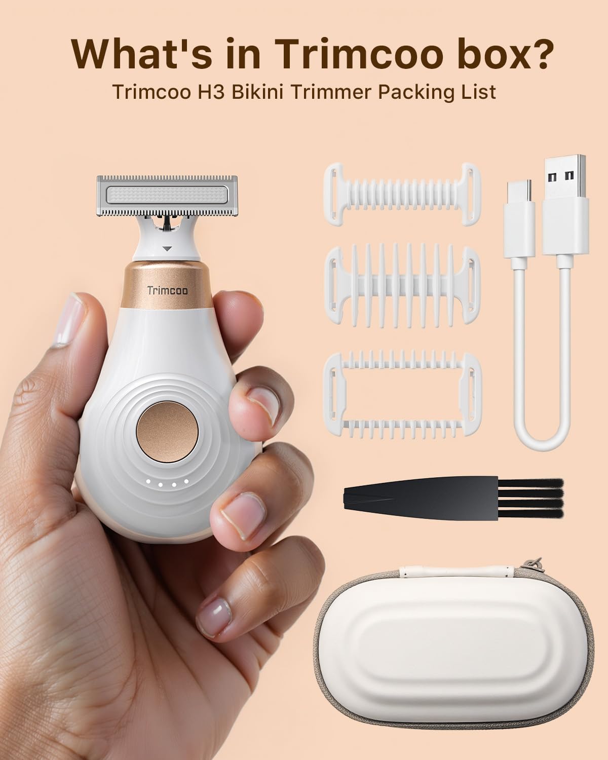 Trimcoo Mini Bikini Trimmer for Women - Intimate Pubic Hair Removal, Electric Body Groomer, Small Portable Wet/Dry Shaver, Magnetic Blade, USB-C Rechargeable with Travel Case, Easy to Clean (White)