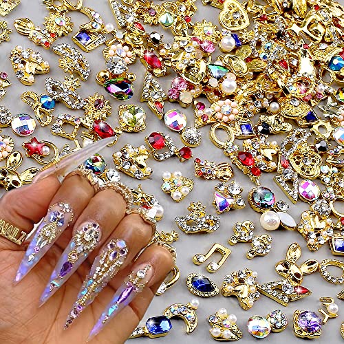 JALIYA 50pcs Gold 3D Nail Charms for Acrylic Nails – Mixed Styles, Rhinestones & Pearls (Gold)
