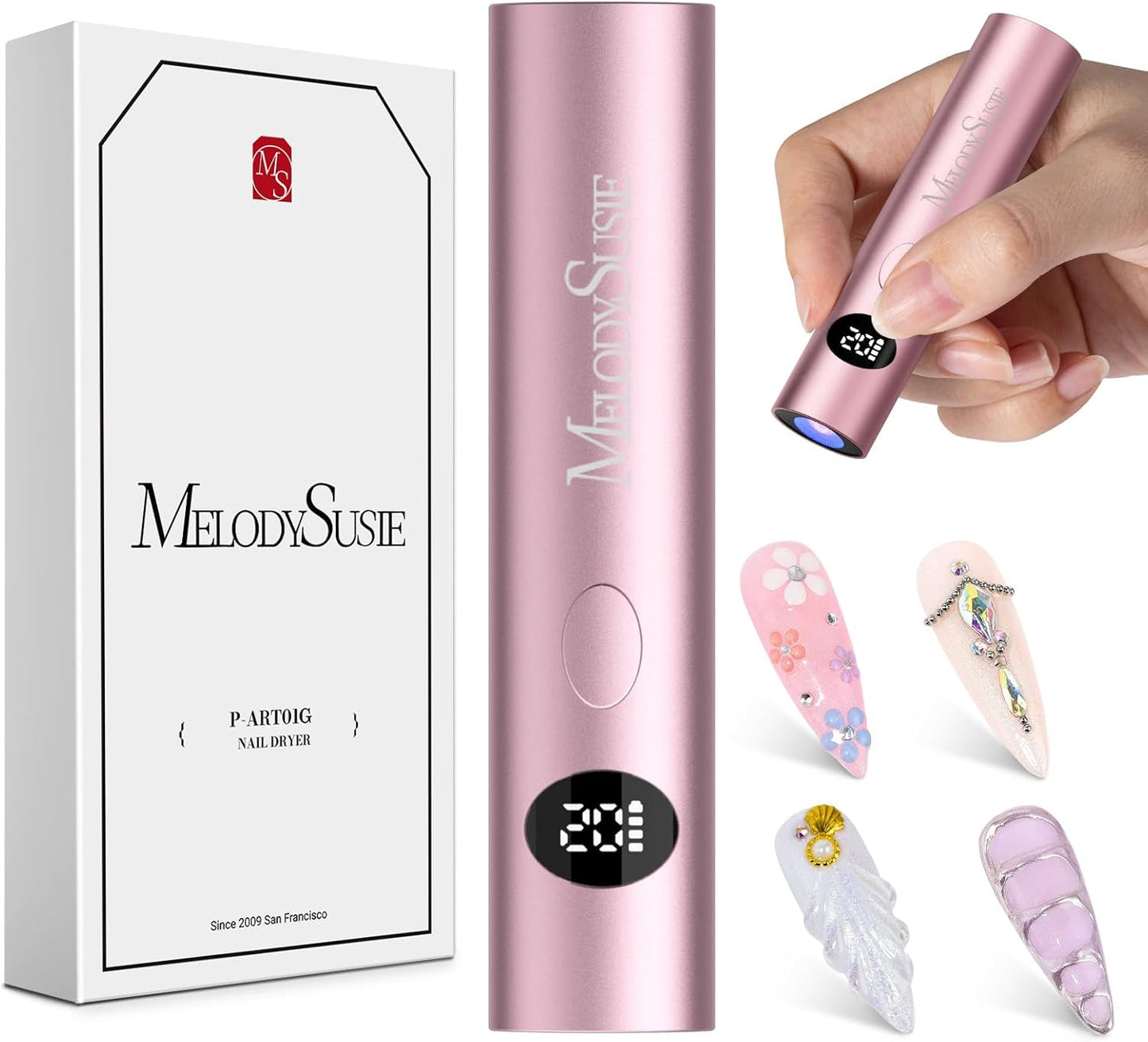 Handheld Cordless UV Nail Lamp - Rechargeable Mini LED Light with LCD Display for Soft Gels & Rhinestone Glue | Pink