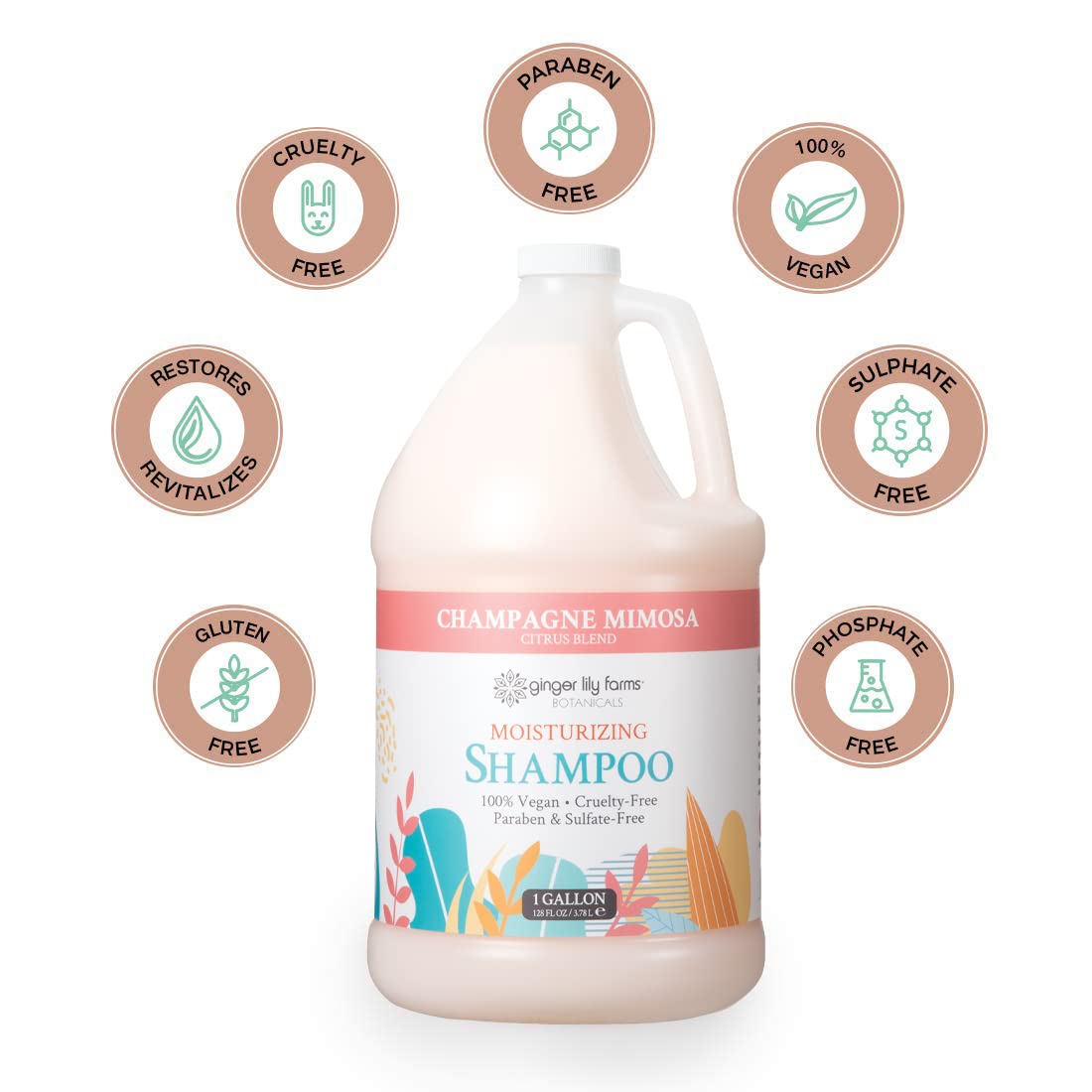 Ginger Lily Farms Botanicals Moisturizing Shampoo for All Hair Types, Champagne Mimosa, 100% Vegan & Cruelty-Free, Citrus Blend Scent, 1 Gallon (128 fl oz) Refill