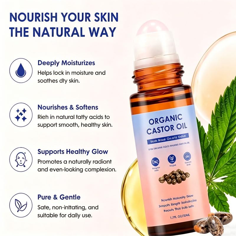 Organic Castor Oil Roller Ball - Cold-Pressed Essential Oil for Face, Hair & Eyebrows | Natural Hydration | 3-Piece Set