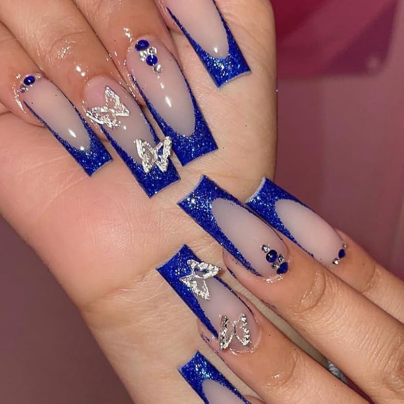 IMSOHOT Long Press-On Nails Coffin French Tip Blue Butterfly Rhinestones 60B-001 24pcs