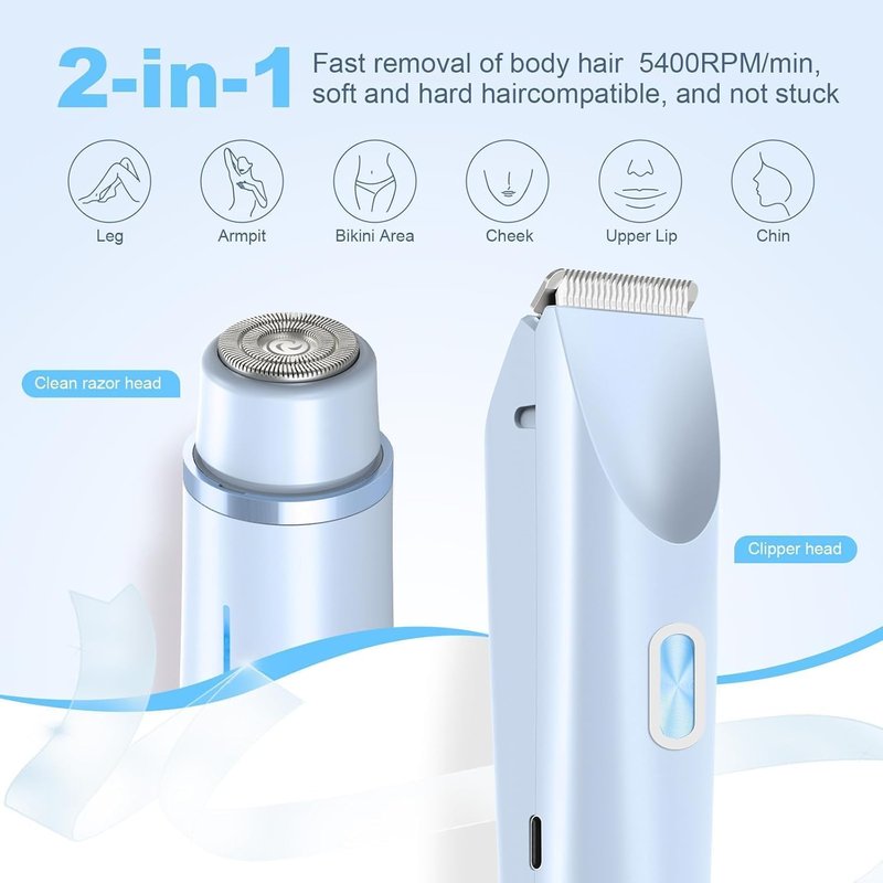 Electric Shaver for Women, 2-in-1 Electric Razor for Womens Legs Underarm Face Pubic Hairs, Rechargeable Razor Body Hair Trimmer Wet & Dry Use,Light Blue