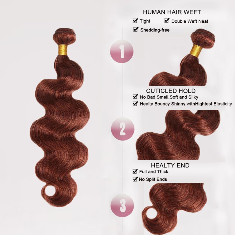Auburn Bundles Human Hair Color 33 Body Wave Bundles 22 Inch Huxowax Brazilian Virgin Remy Hair Extensions Reddish Brown Body Wave Bundle Double Weft Hair Weave 50g