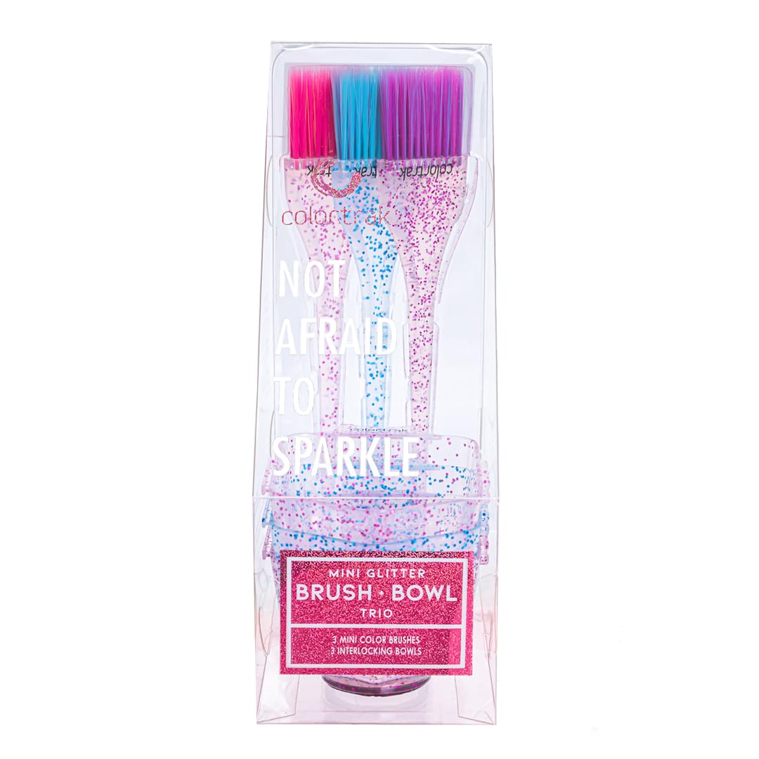 Colortrak 3 Pack Mini Glitter Trio Brush & Bowl Set, Small Brushes with Colorful Feather Bristles, Stackable Color Bowls with Non-Slip Rubber Rings, Easy Handling, 3 Sets Total