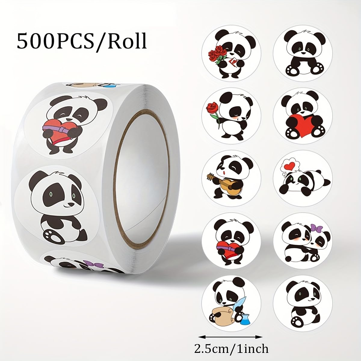 Xiongmao Panda Pattern PVC Adhesive Stickers, 500 Pieces Per Roll, Heart Design Sealing Labels ds, Gift Boxes, Cake Packaging and Party Decoration Use