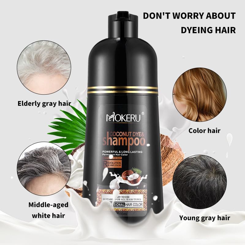 MOKERU Coconut Oil Black Hair Dye Shampoo for Gray Coverage - 3 in 1