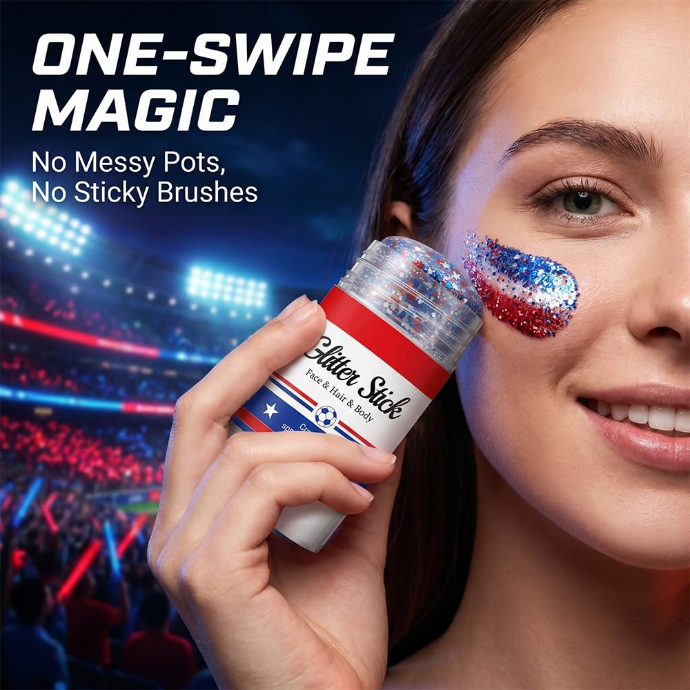 4th of July Glitter Stick, 2026 New Red, White & Blue Body & Hair Sparkle for Independence Day, Face Body Glitter, Sparkle Patriotic Glitter for Soccer Game Celebration (1)