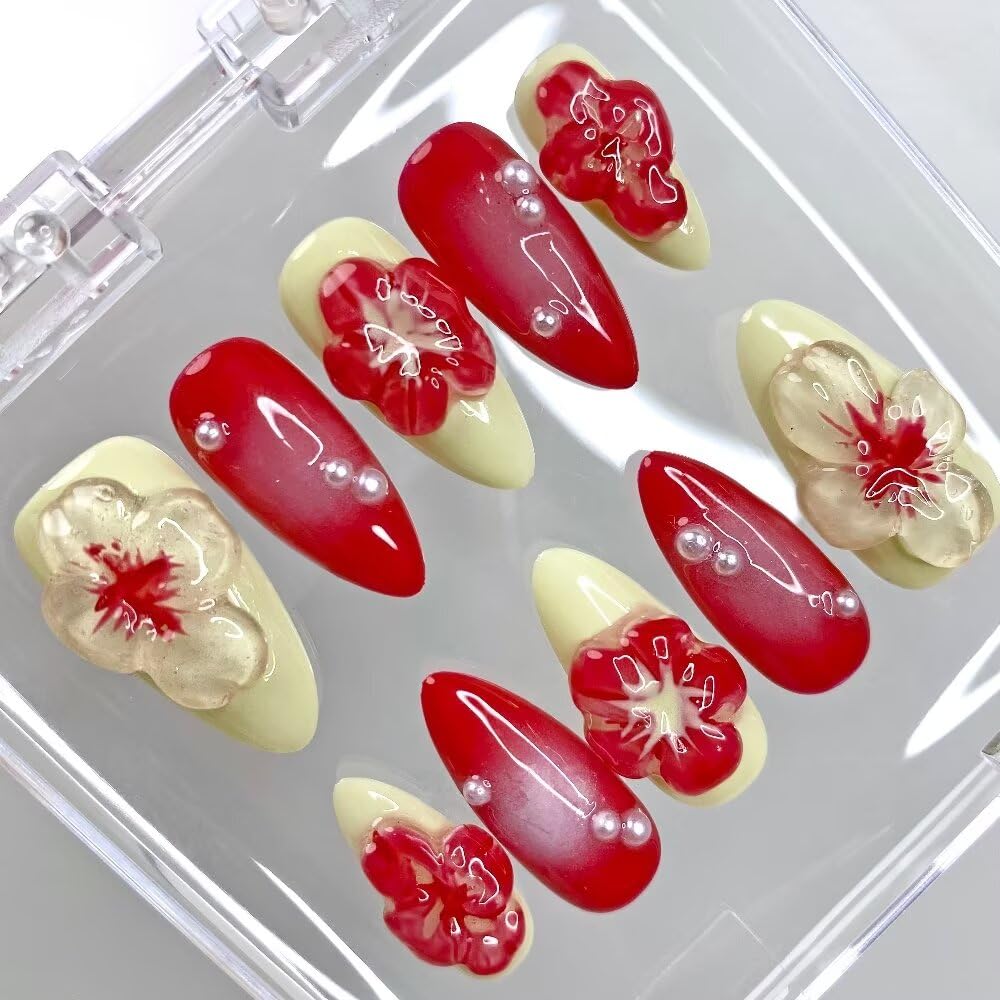 Fall Press On Nails - Handmade Gel Almond Fake Nails, Brown Art Design | Reusable 10 Pcs Acrylic Kit (Size S)