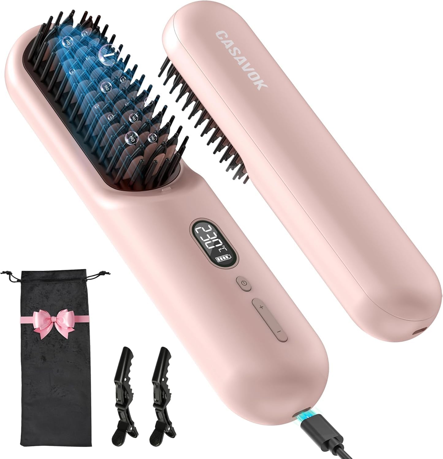 Cordless Hair Straightener Brush Go Brush Pro for Short Hair, Travel Hair Straightener with 20M Negative Ions, Rechargeable Straightening Brush, 30s Fast Heat, 12 Temp Settings, Anti-Scald, Pink