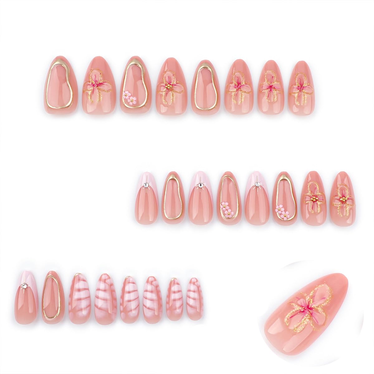 3D Flower Press-On Nails - Medium Square Pink French Tip with Star Rhinestones | Full Cover Artificial Nails for Women