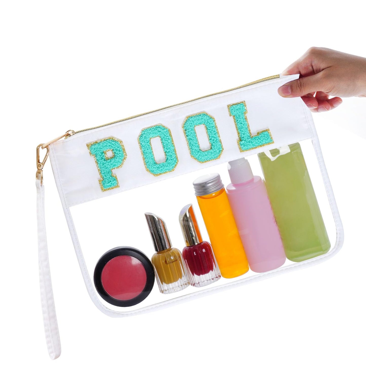 Hmxpls Chenille Letter Bag, Multi-purpose Nylon Clear Makeup Cosmetic Bags Flat Pouches with Zipper for Travel, Gym, Beach (White-Pool)