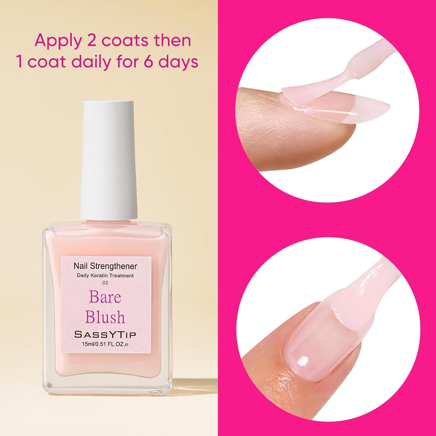 Nail Strengthener for Damaged Nails - Keratin Hardener & Growth Treatment | Jojoba Oil, 15ml (Nude)