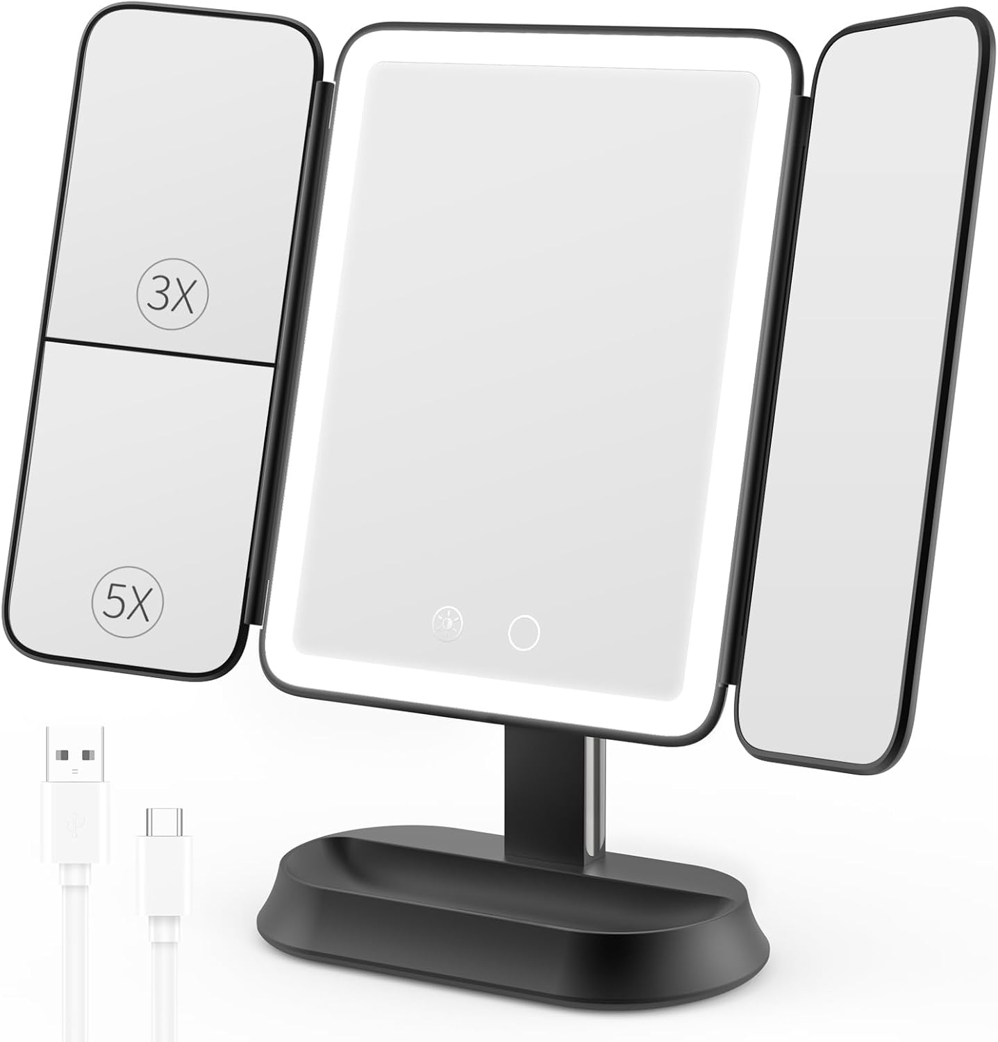 Illuminated Makeup Mirror - 1X/3X/5X Magnification, Dimmable Soft Light, 360° Rotation | Rechargeable Trifold Mirror for Travel & Dorm