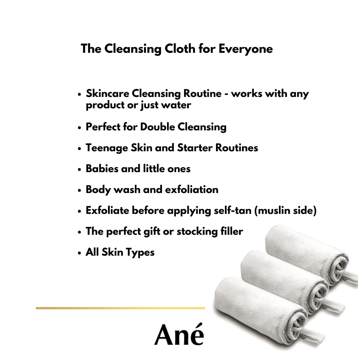 Ané Makeup Remover | 3-Pack Double-Sided Muslin & Microfiber Cleansing Cloths for Gentle Skin Care