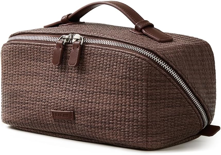Travel Makeup Bag - Woven Toiletry Organizer with 180° Wide-Open Design | Large Capacity with Divider & Handle